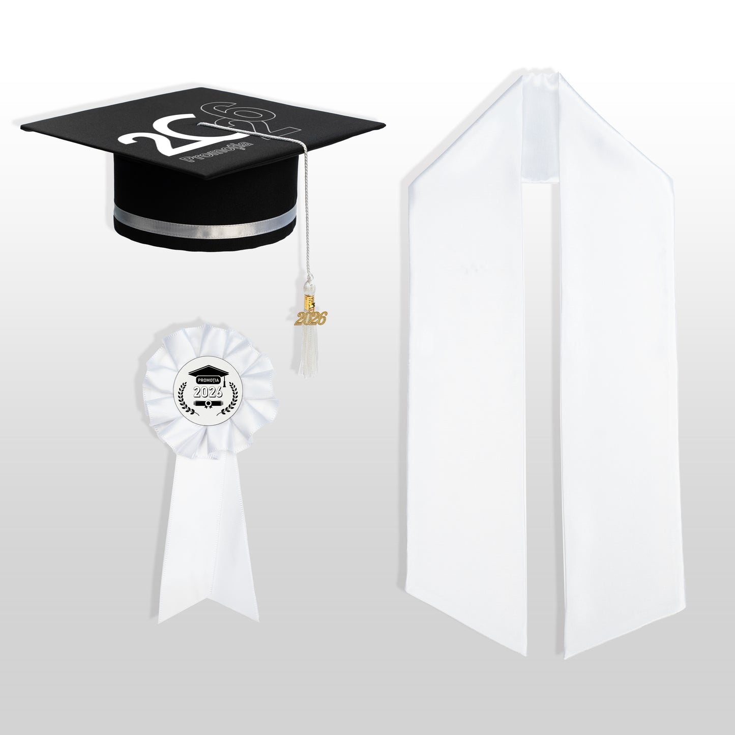 Tocă, eșarfă și cocardă absolvire alb personalizată doar toca