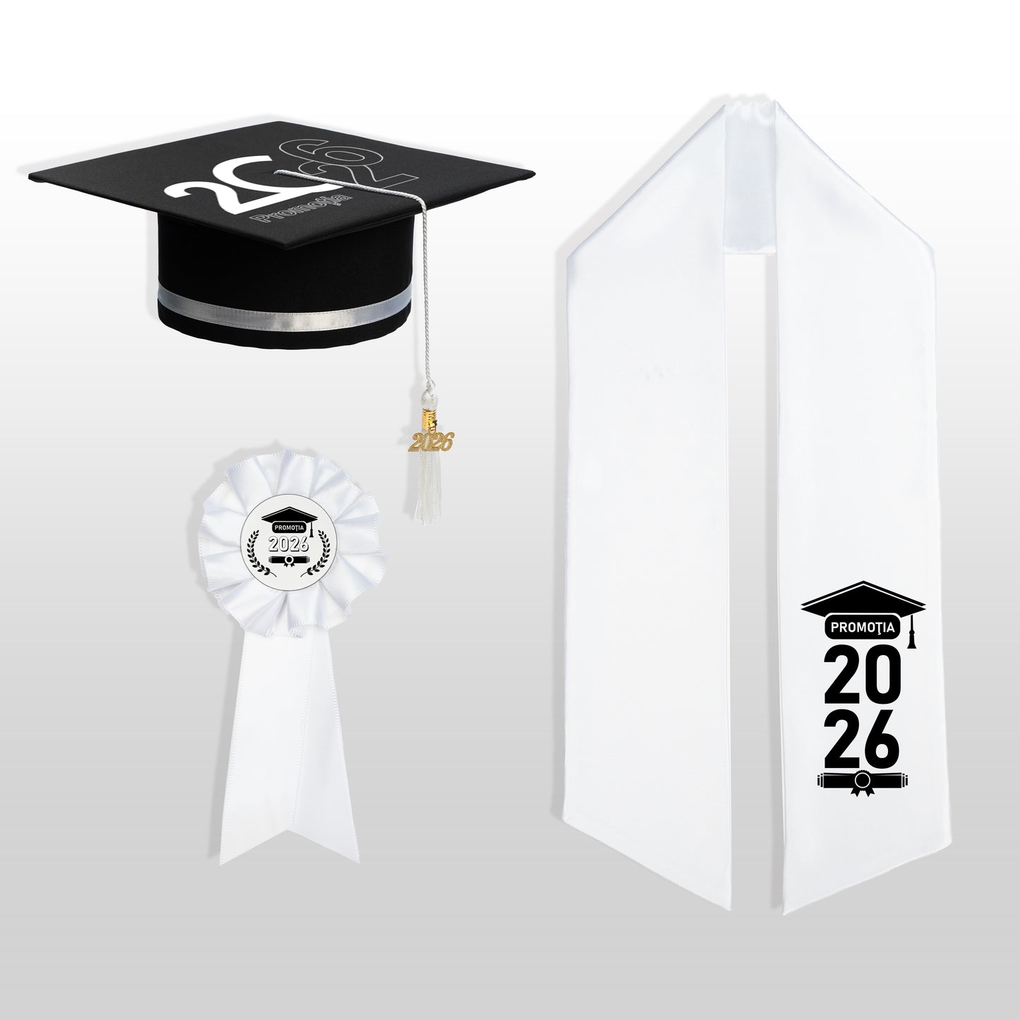 Tocă, eșarfă și cocardă absolvire alb personalizate
