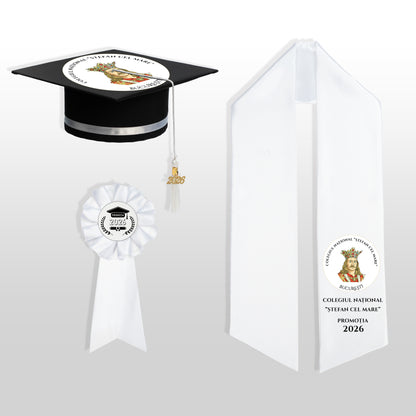 Tocă, eșarfă și cocardă absolvire alb personalizate complet