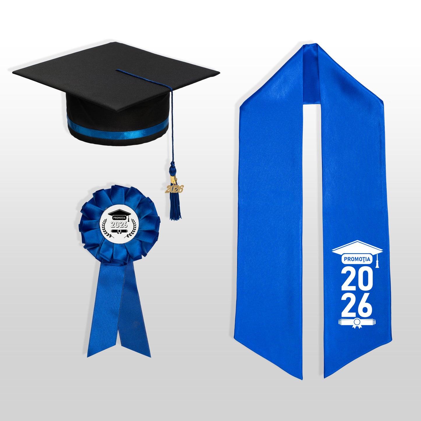 Tocă, eșarfă și cocardă absolvire albastru închis personalizată doar eșarfa