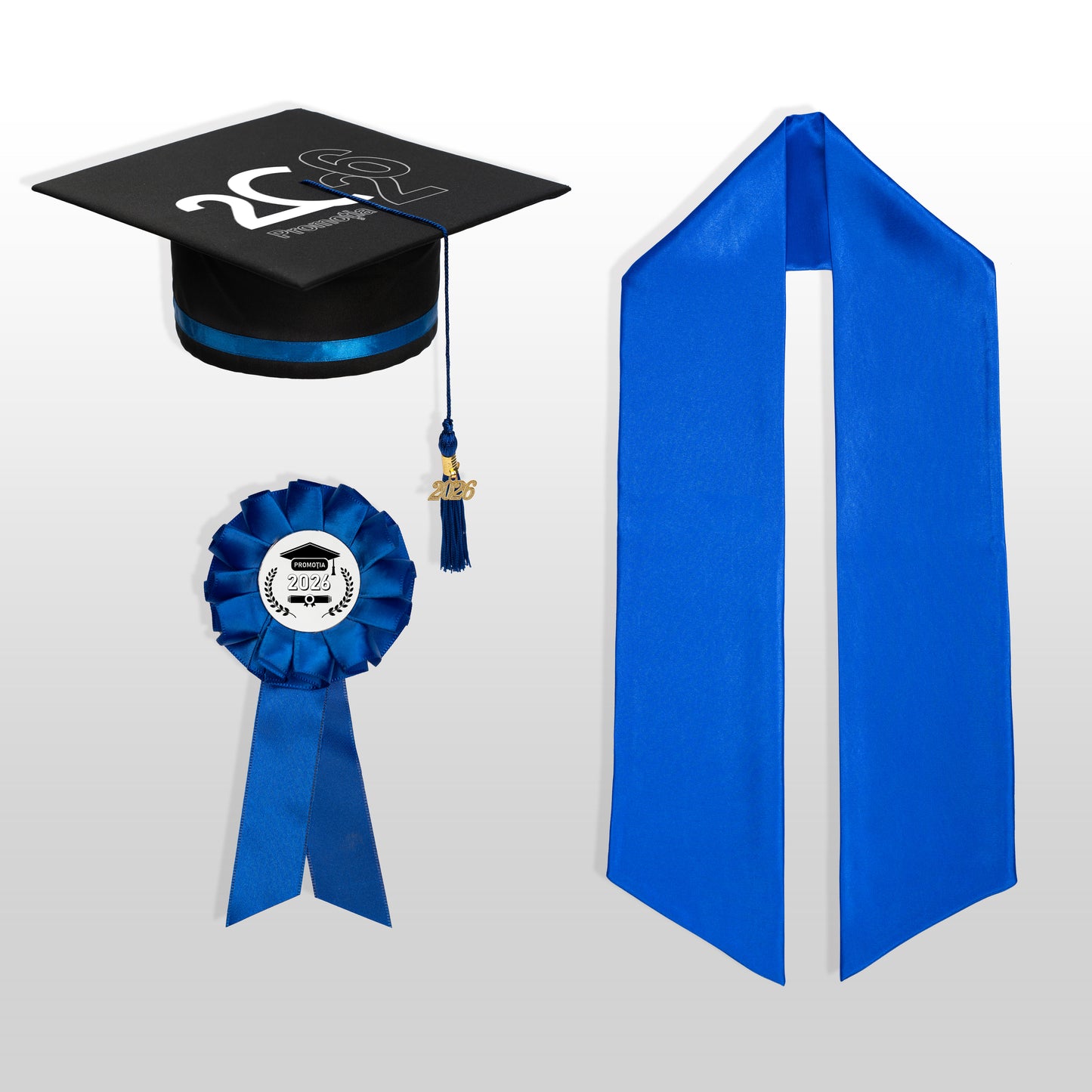 Tocă, eșarfă și cocardă absolvire albastru închis personalizată doar toca