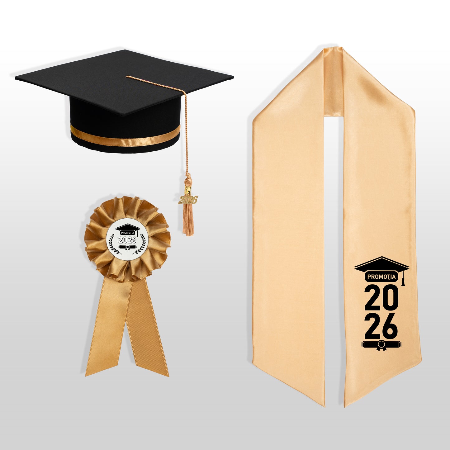 Tocă, eșarfă și cocardă absolvire auriu personalizată doar eșarfa