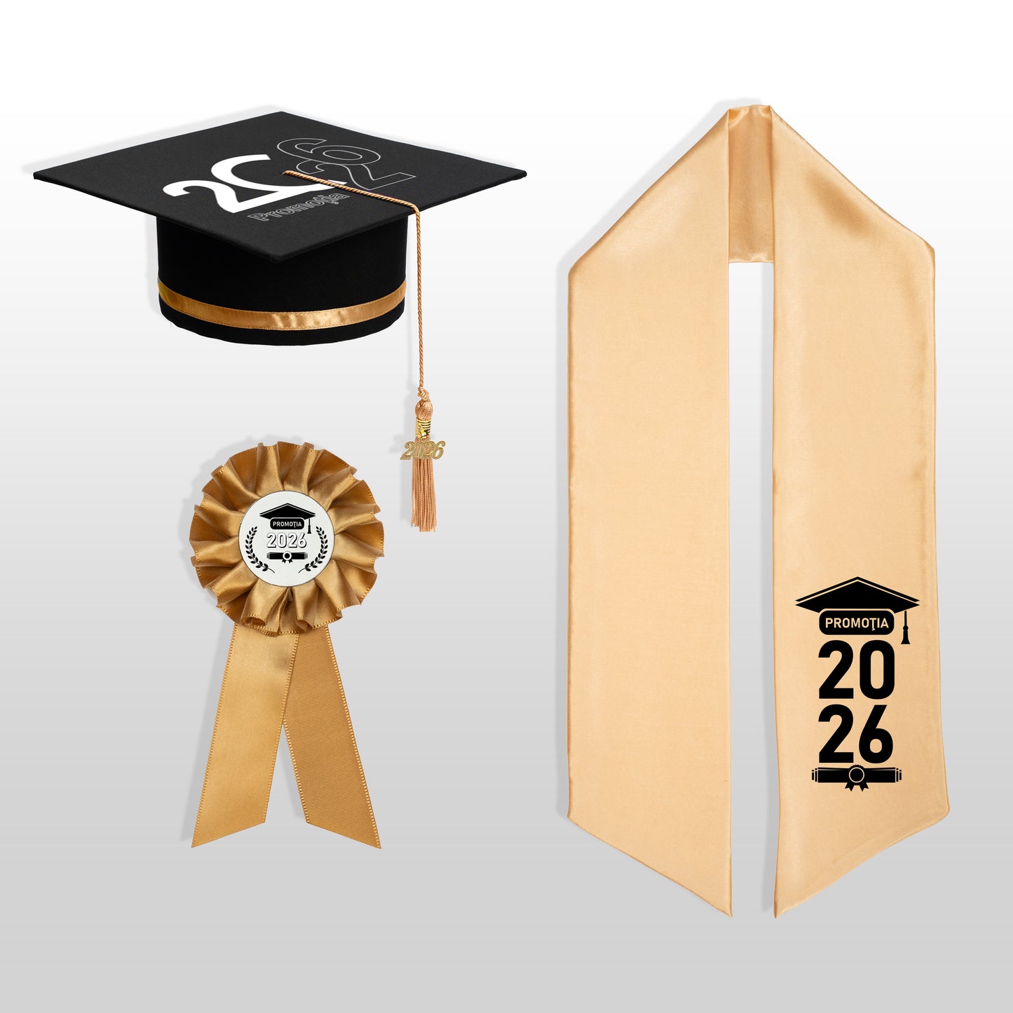Tocă, eșarfă și cocardă absolvire auriu personalizate