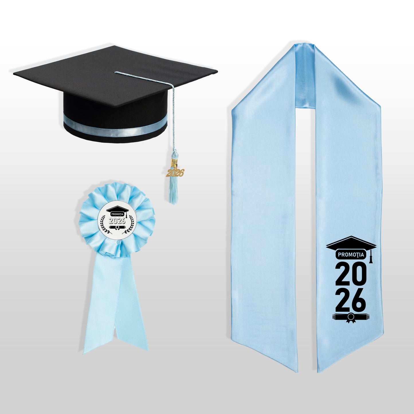 Tocă, eșarfă și cocardă absolvire baby blue personalizată doar eșarfa