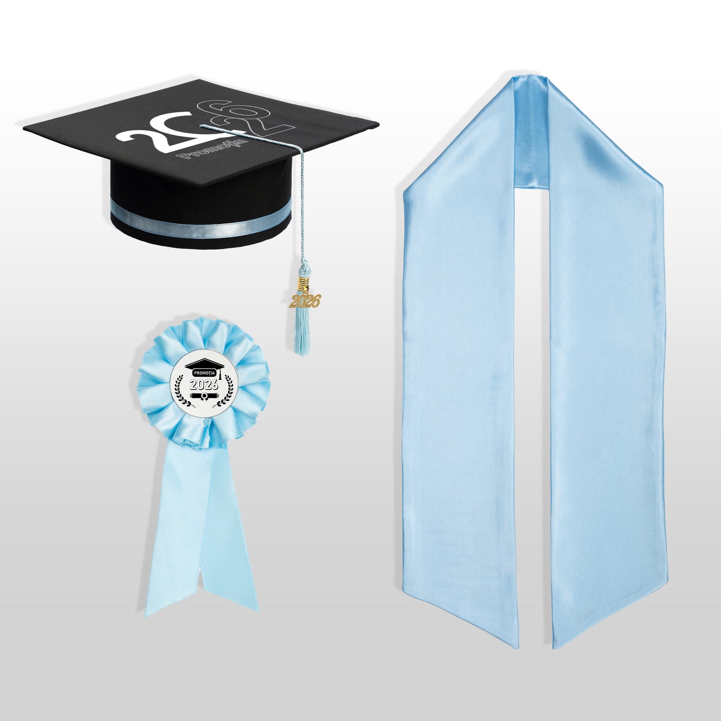 Tocă, eșarfă și cocardă absolvire baby blue personalizată doar toca