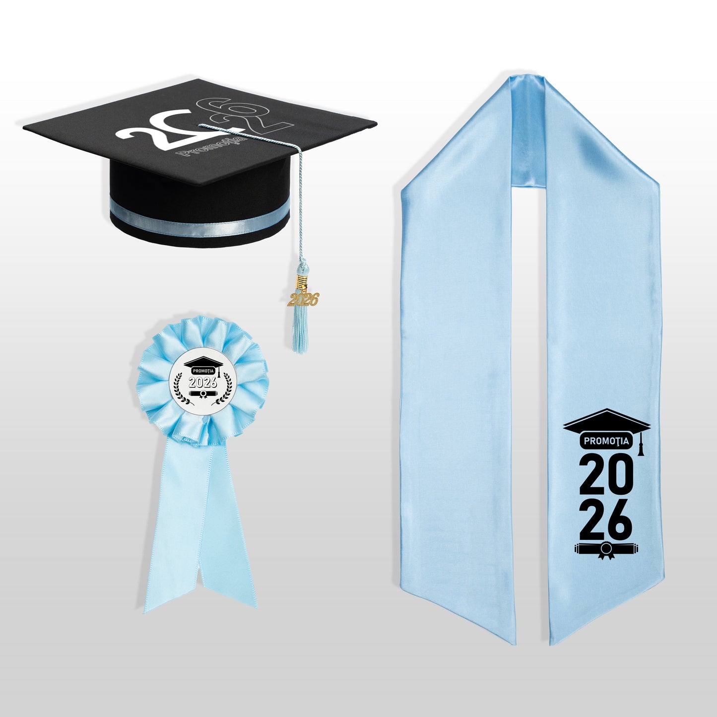 Tocă, eșarfă și cocardă absolvire baby blue personalizate