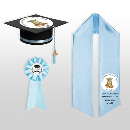 Tocă, eșarfă și cocardă absolvire baby blue personalizate complet