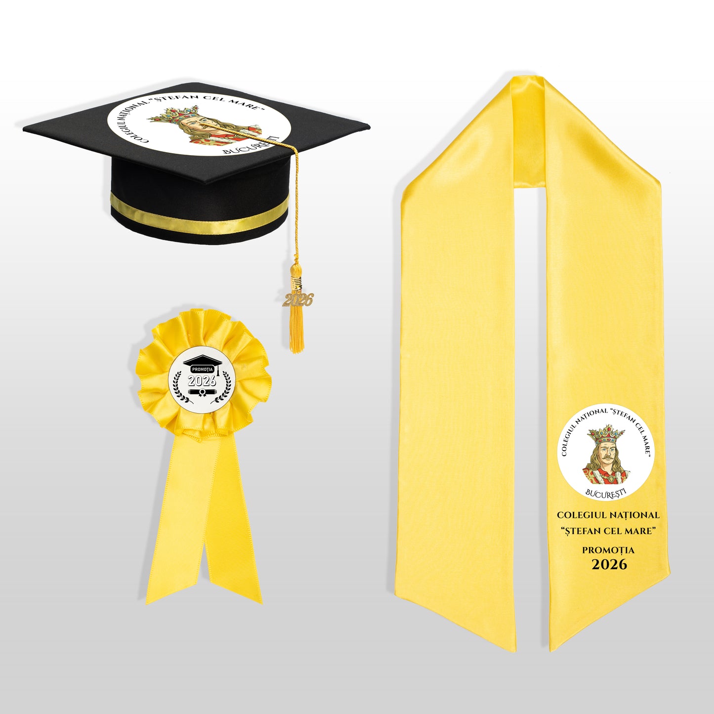 Tocă, eșarfă și cocardă absolvire galben personalizate complet