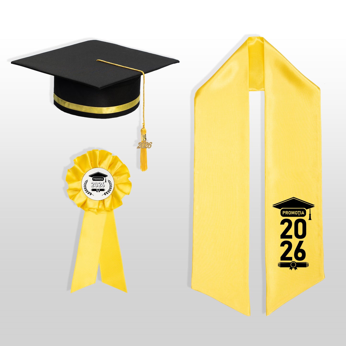 Tocă, eșarfă și cocardă absolvire galben personalizată doar eșarfa