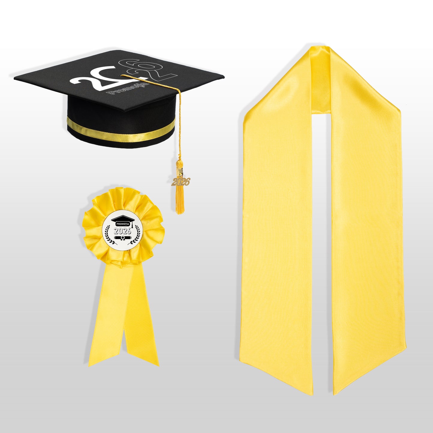 Tocă, eșarfă și cocardă absolvire galben personalizată doar toca