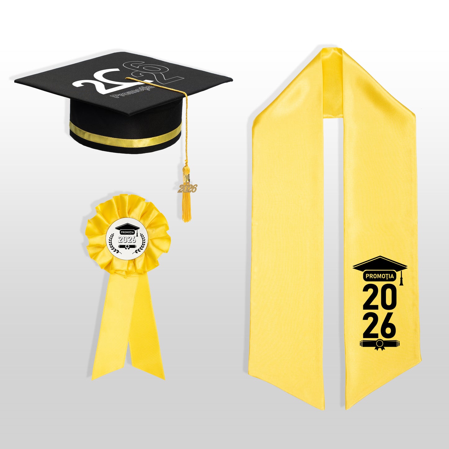 Tocă, eșarfă și cocardă absolvire galben personalizate