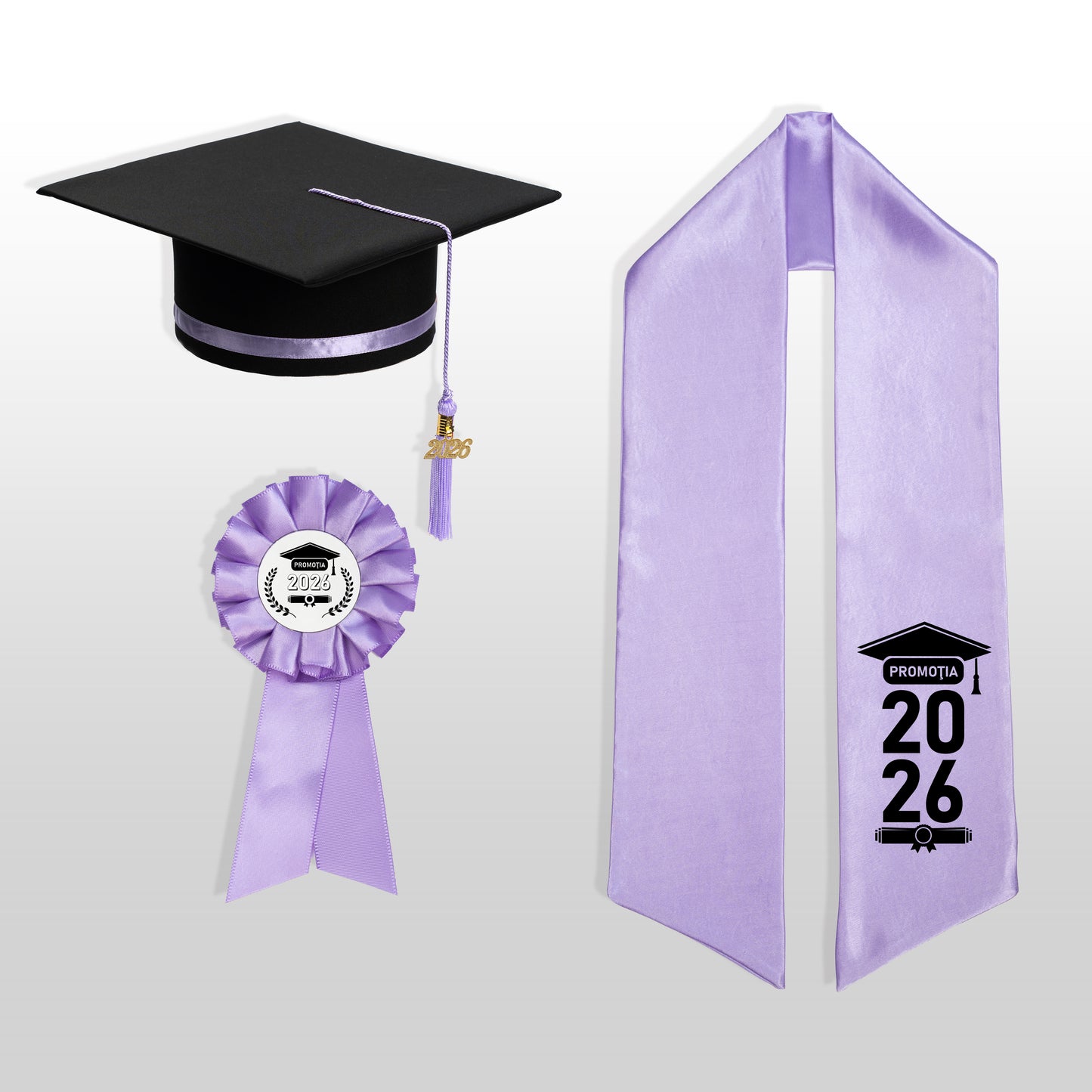Tocă, eșarfă și cocardă absolvire lila personalizată doar eșarfa