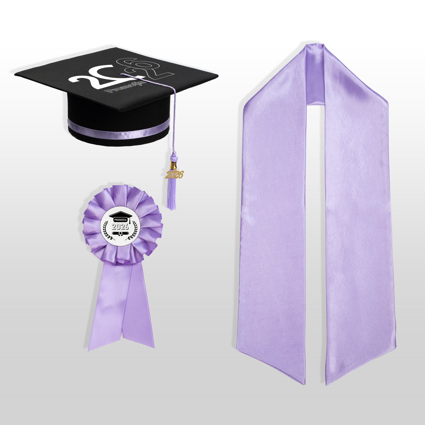 Tocă, eșarfă și cocardă absolvire lila personalizată doar toca