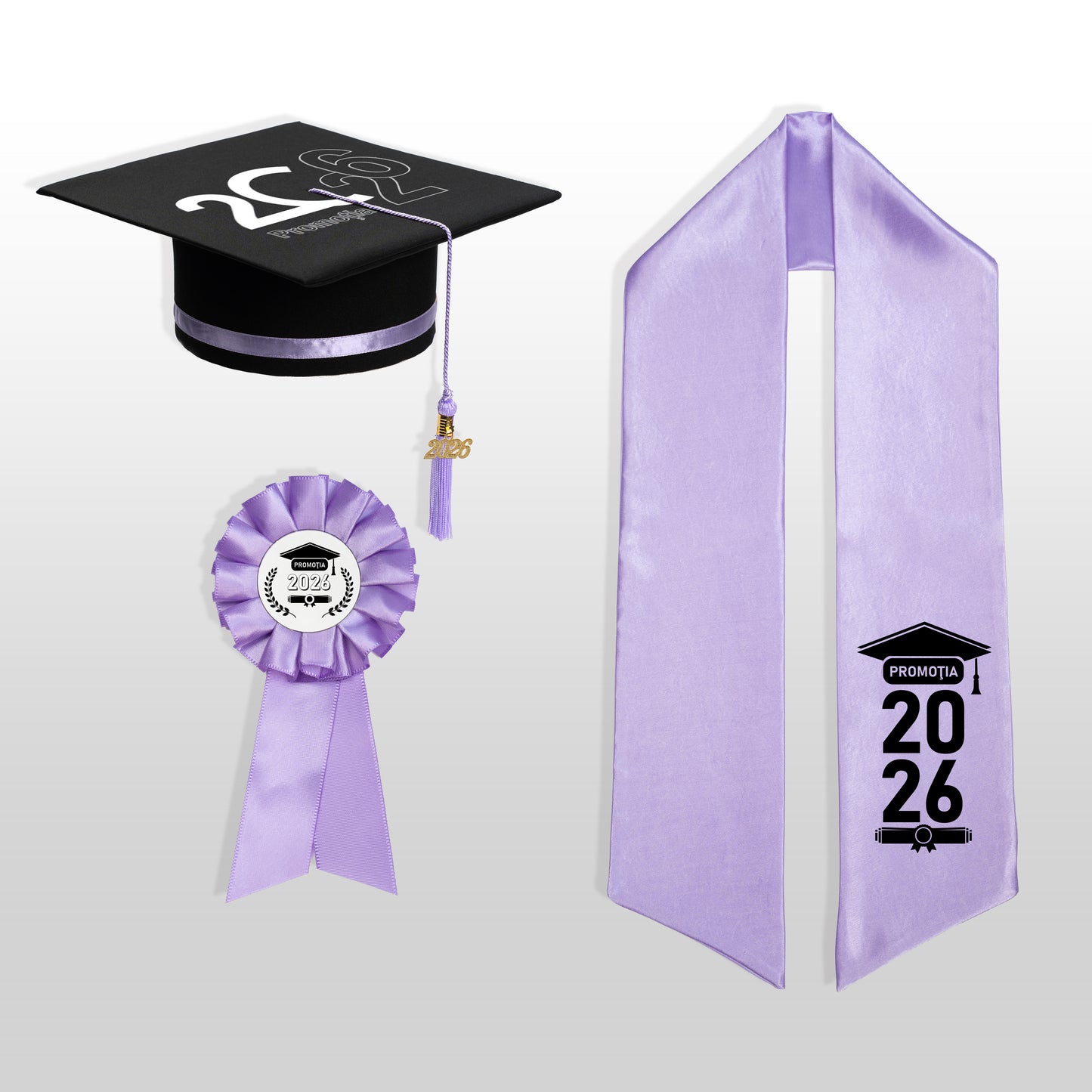 Tocă, eșarfă și cocardă absolvire lila personalizate