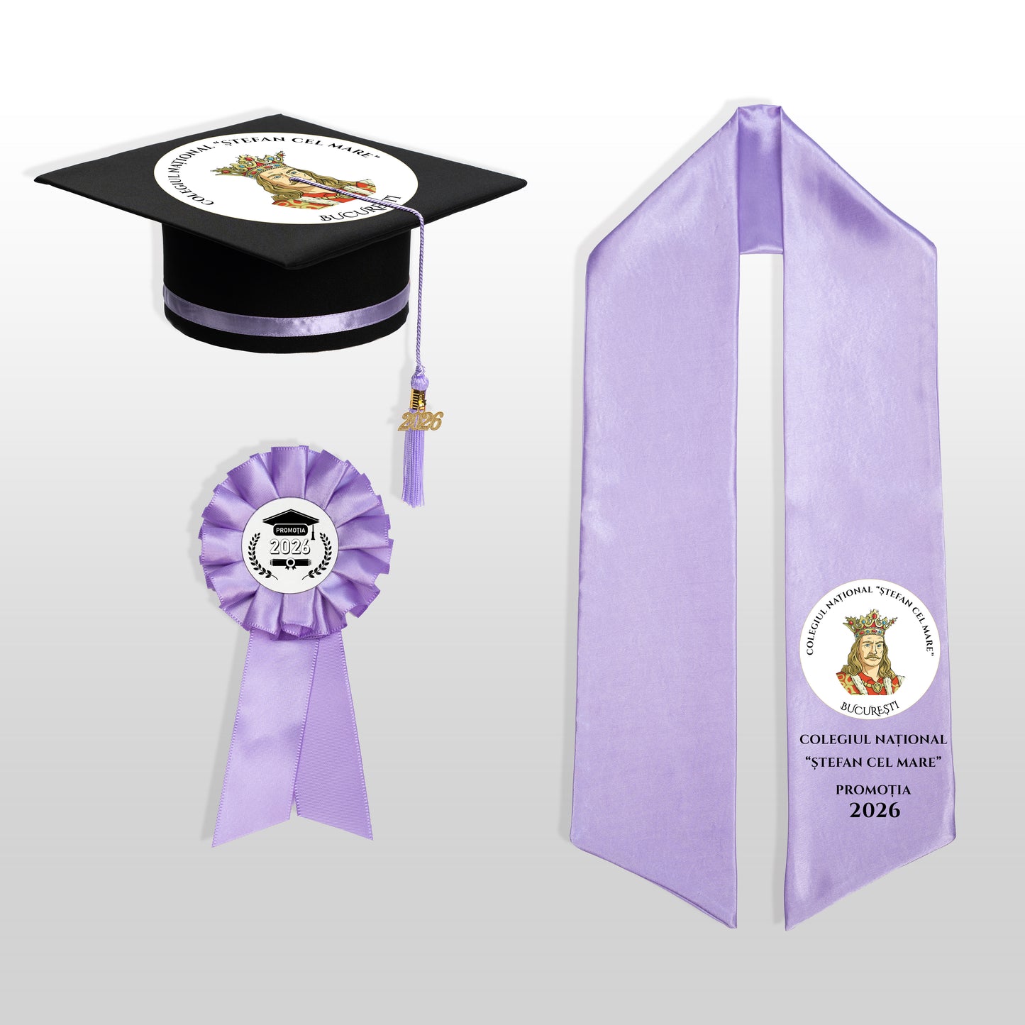 Tocă, eșarfă și cocardă absolvire lila personalizate complet