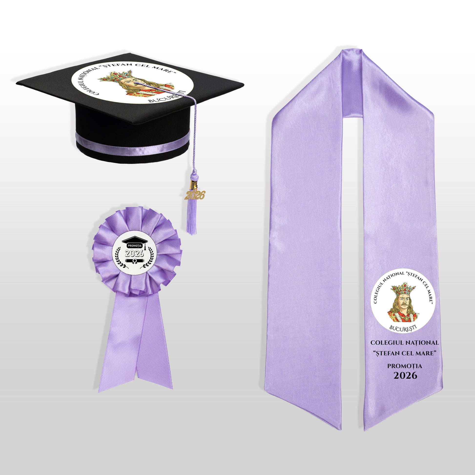 Tocă, eșarfă și cocardă absolvire lila personalizate complet