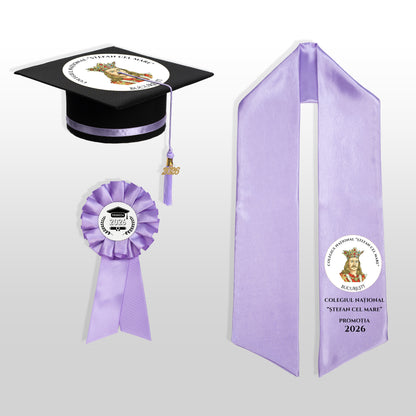 Tocă, eșarfă și cocardă absolvire lila personalizate complet
