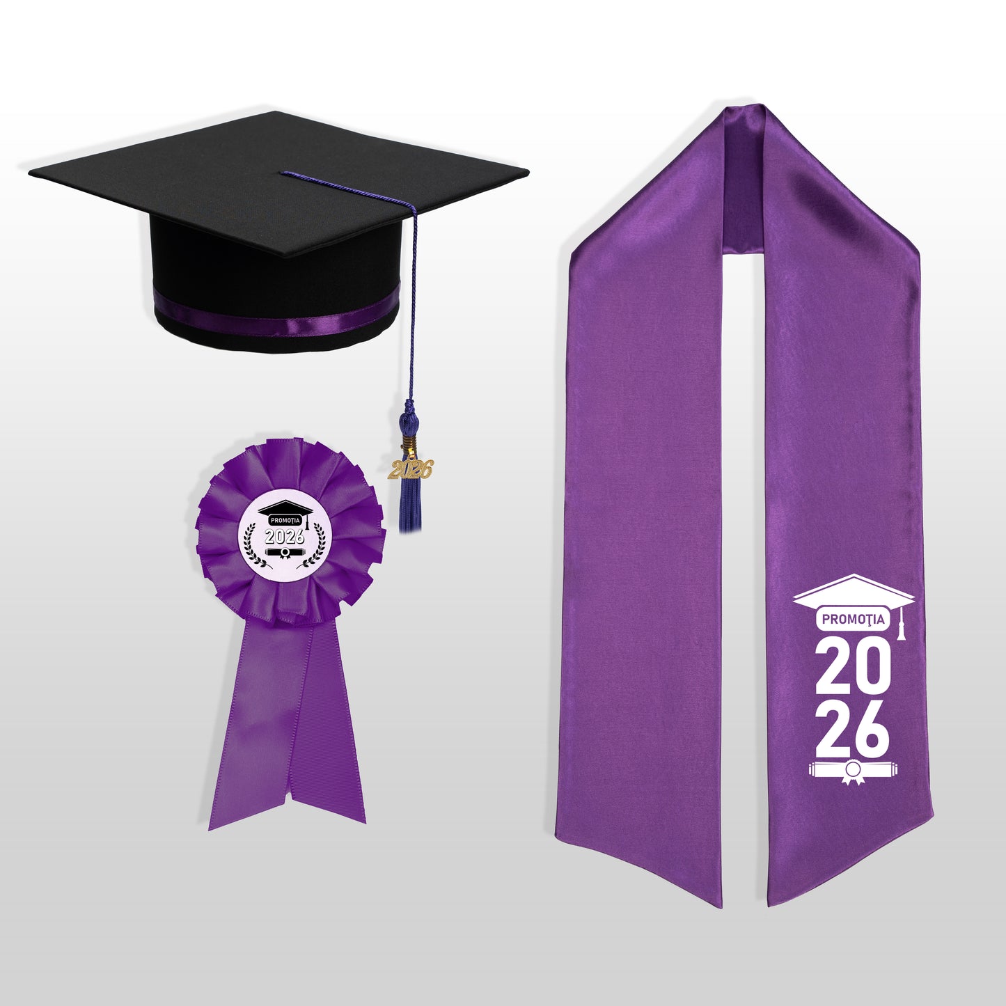 Tocă, eșarfă și cocardă absolvire mov personalizată doar eșarfa