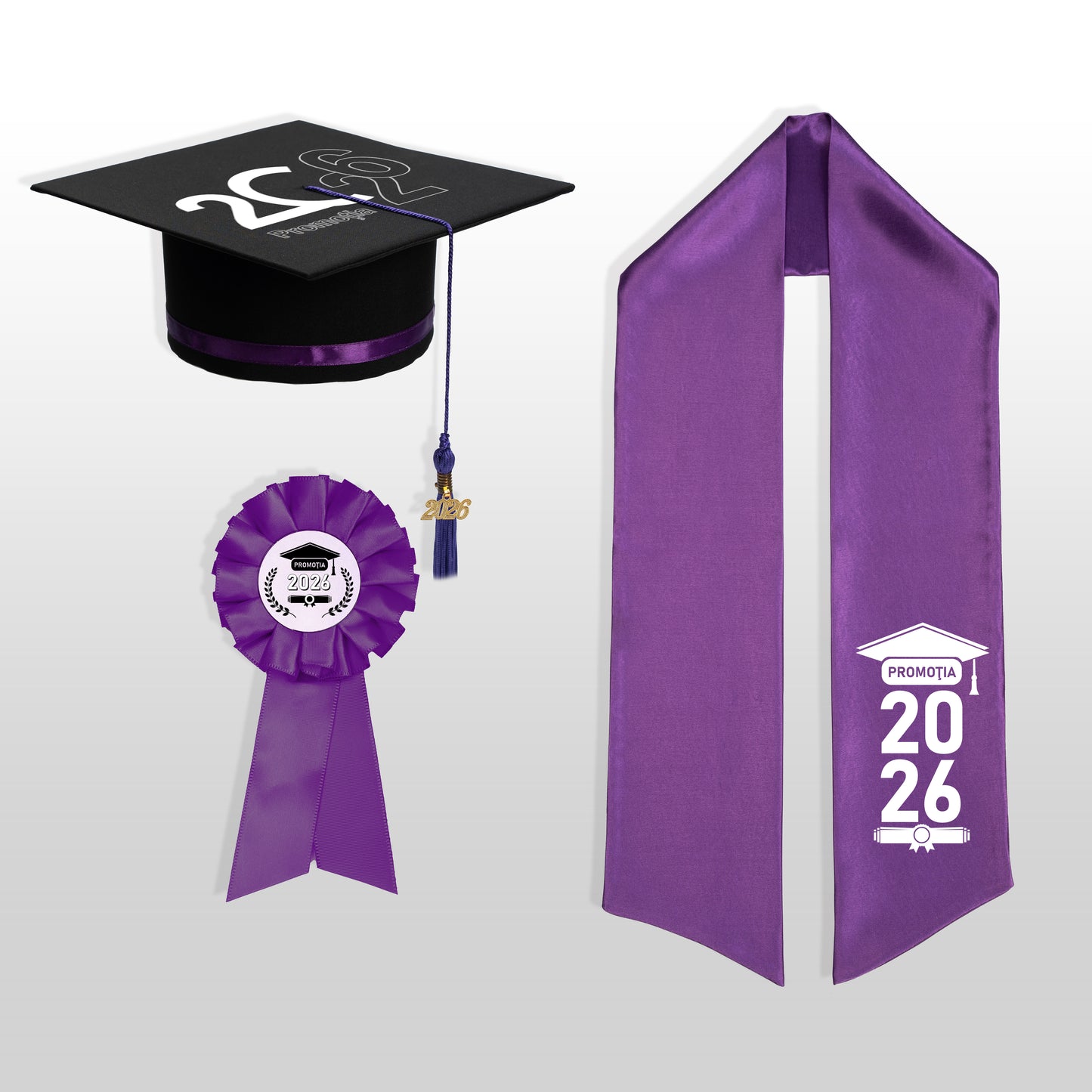 Tocă, eșarfă și cocardă absolvire mov personalizate