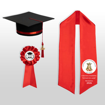 Tocă, eșarfă și cocardă absolvire roșu personalizata doar eșarfa
