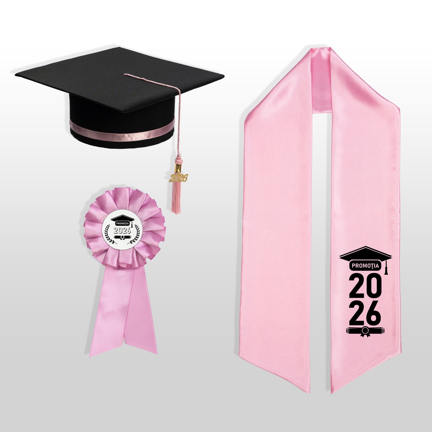 Tocă, eșarfă și cocardă absolvire roze personalizată doar eșarfa