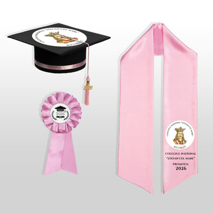 Tocă, eșarfă și cocardă absolvire roze personalizate complet
