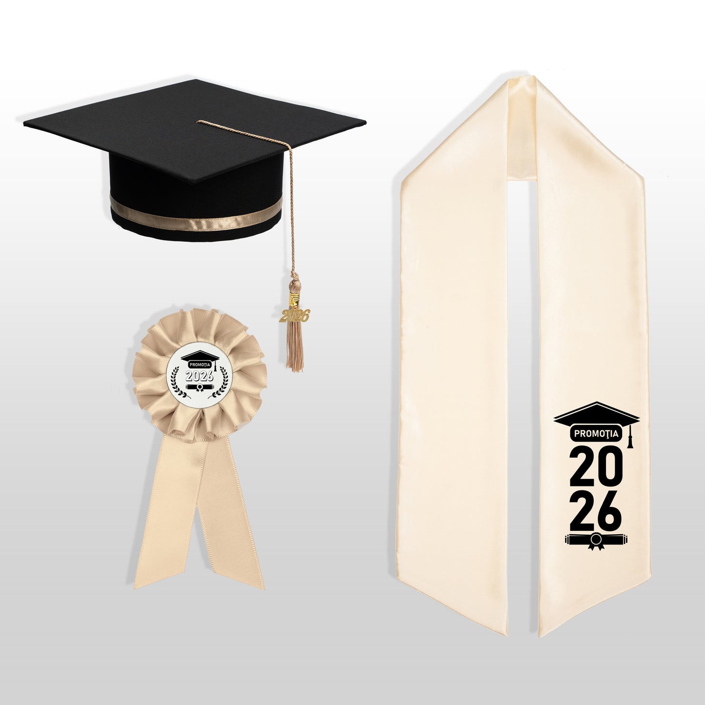 Tocă, eșarfă și cocardă absolvire șampanie personalizată doar eșarfa