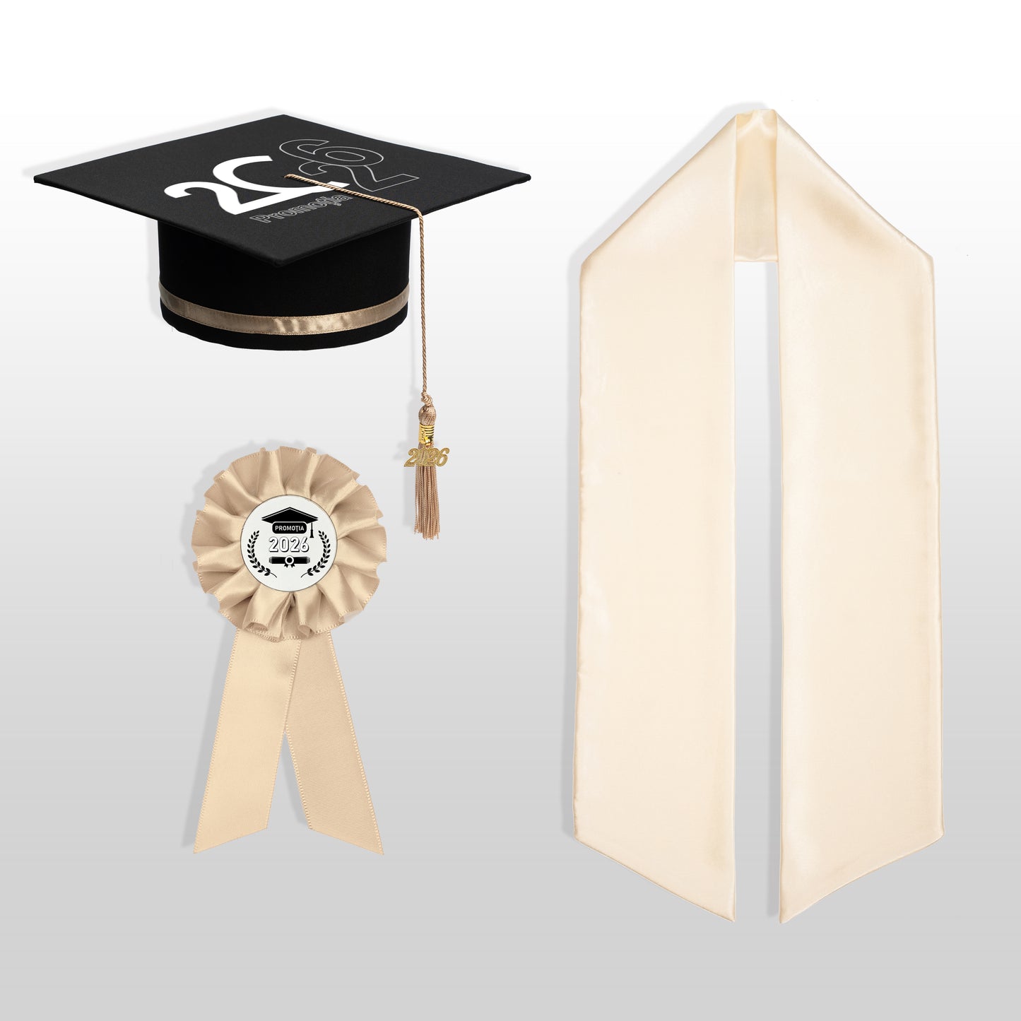 Tocă, eșarfă și cocardă absolvire șampanie personalizată doar toca