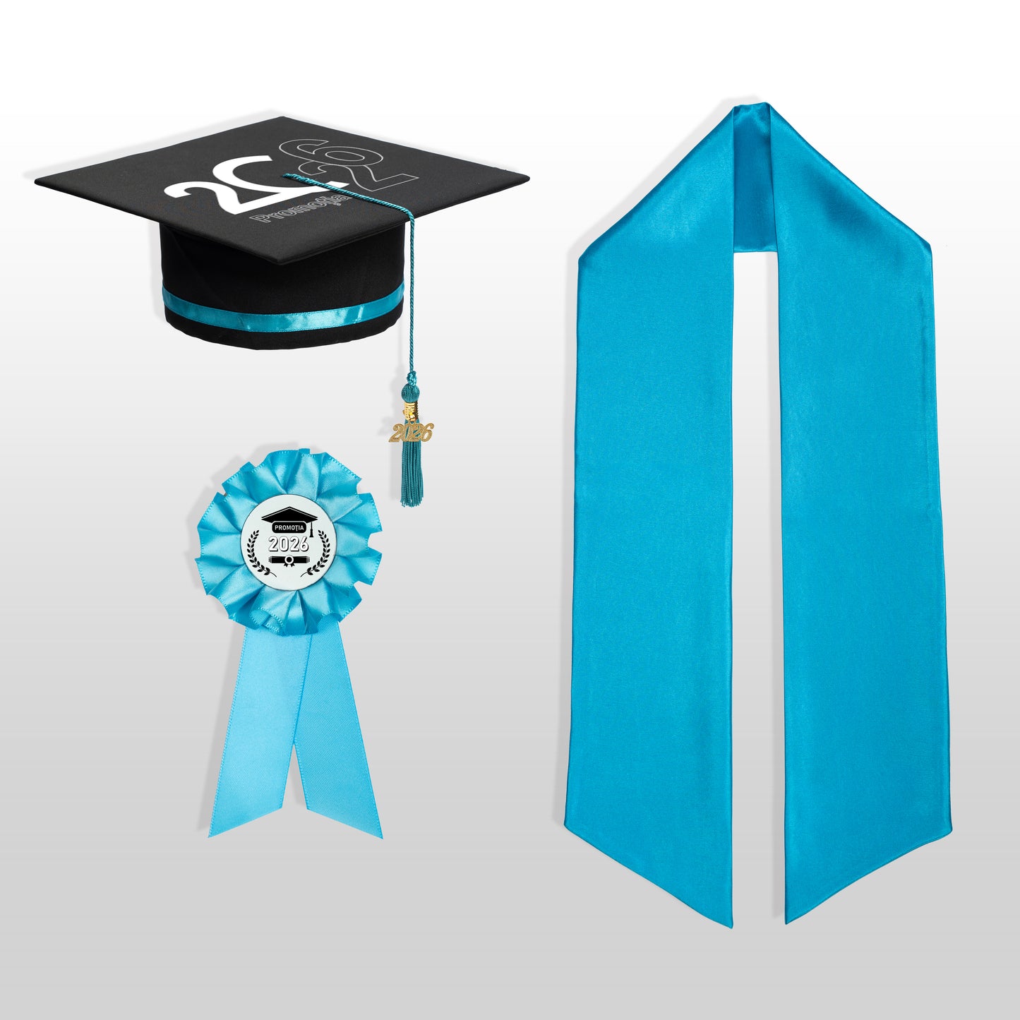 Tocă, eșarfă și cocardă absolvire turquoise personalizată doar toca
