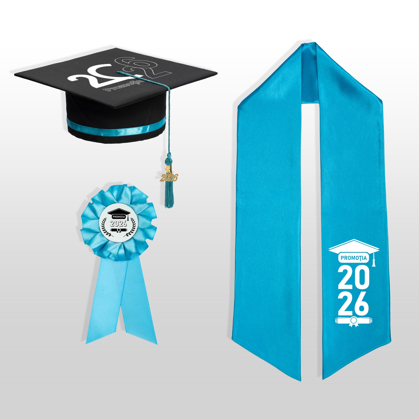 Tocă, eșarfă și cocardă absolvire turquoise personalizate