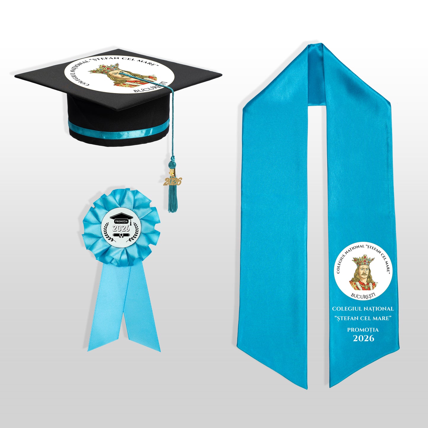 Tocă, eșarfă și cocardă absolvire turquoise personalizate complet