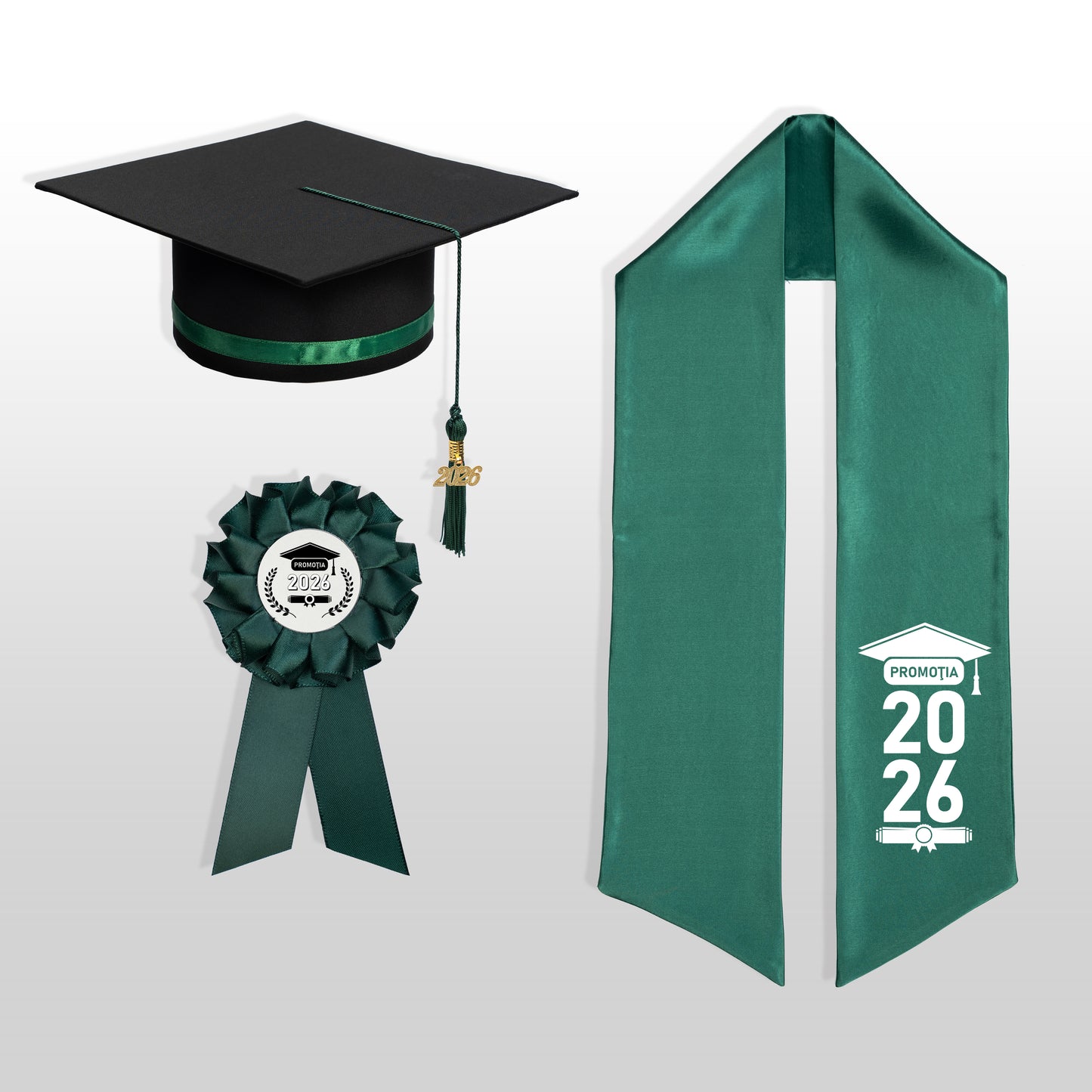 Tocă, eșarfă și cocardă absolvire verde închis personalizată doar eșarfa