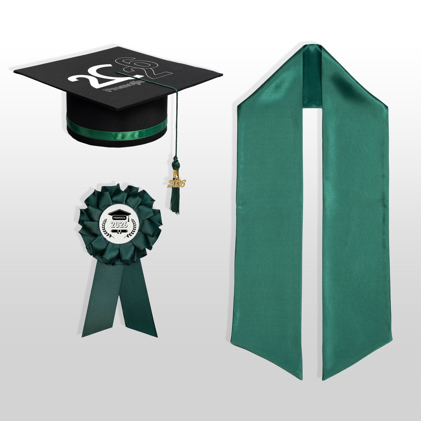 Tocă, eșarfă și cocardă absolvire verde închis personalizată doar toca
