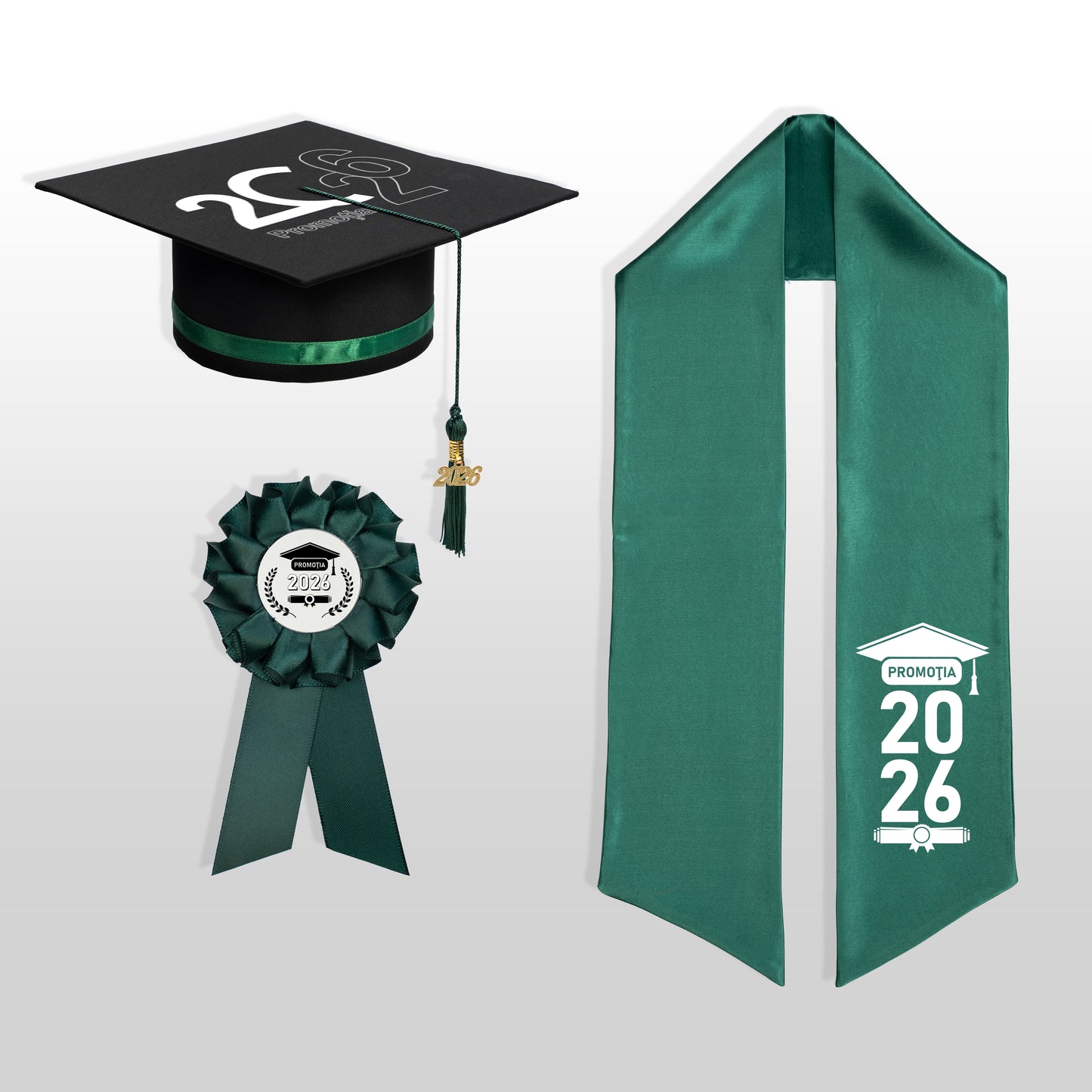Tocă, eșarfă și cocardă absolvire verde închis personalizate