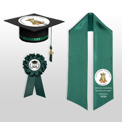 Tocă, eșarfă și cocardă absolvire verde închis personalizate complet