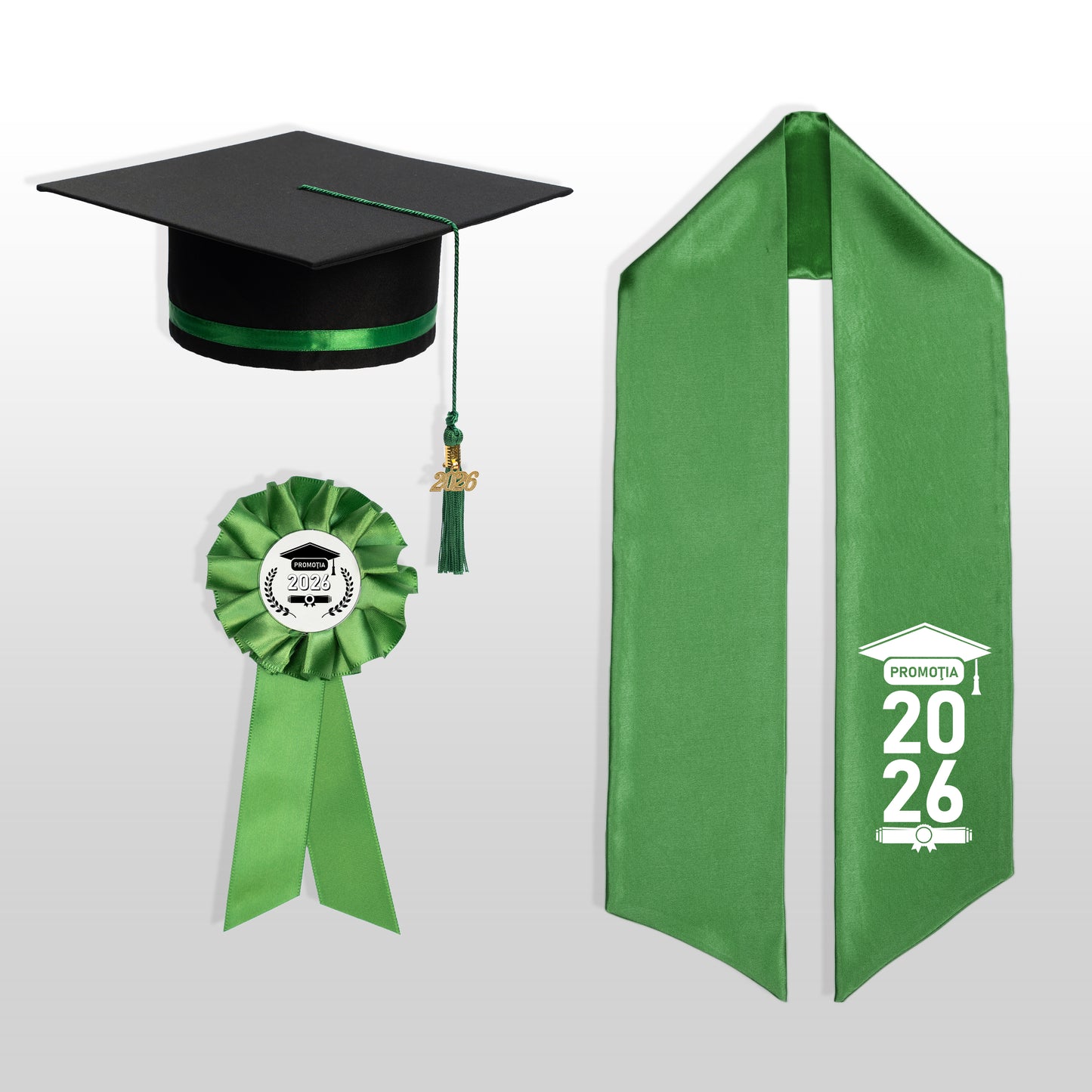 Tocă, eșarfă și cocardă absolvire verde smarald personalizată doar eșarfa
