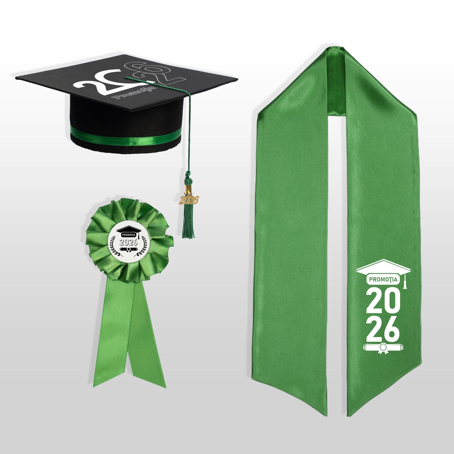 Tocă, eșarfă și cocardă absolvire verde smarald personalizate
