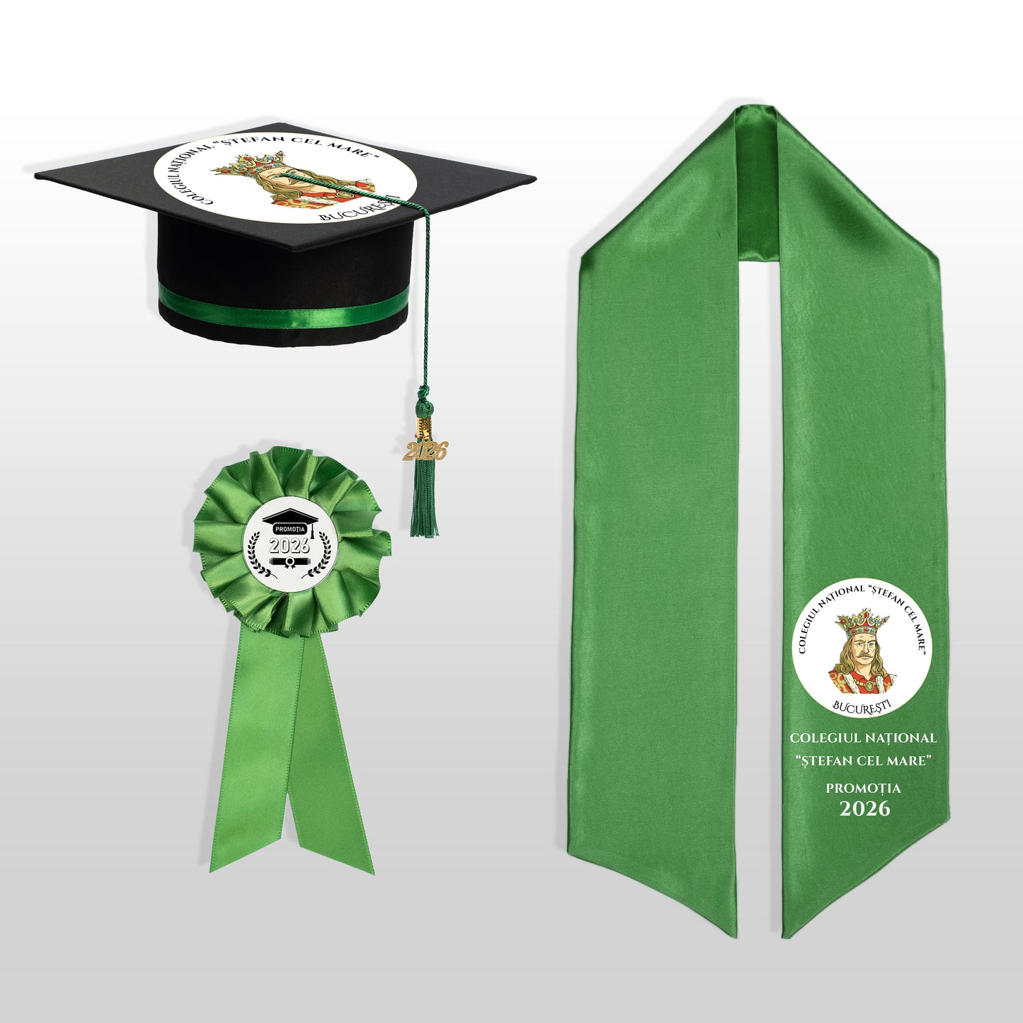 Tocă, eșarfă și cocardă absolvire verde smarald personalizate complet