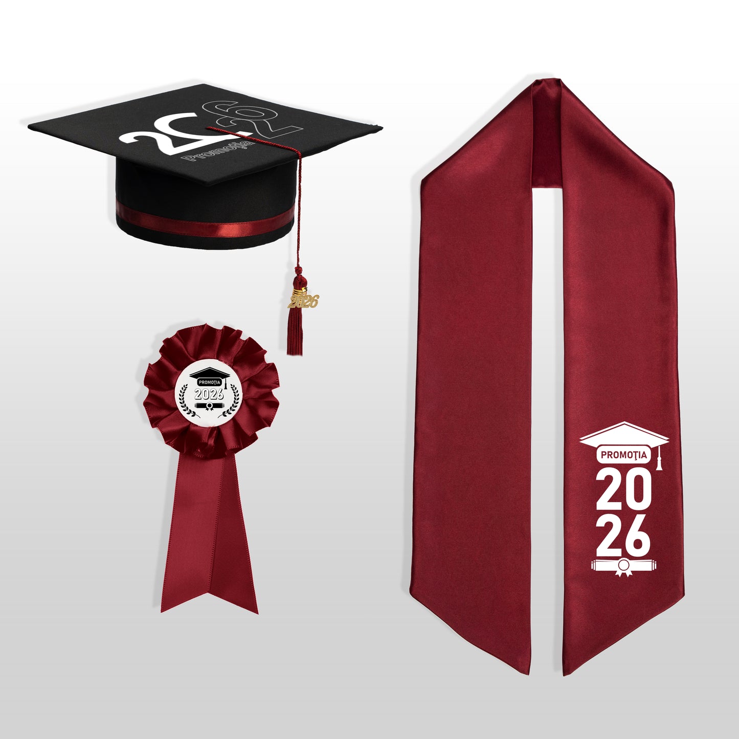 Tocă, eșarfă și cocardă absolvire vișiniu personalizate