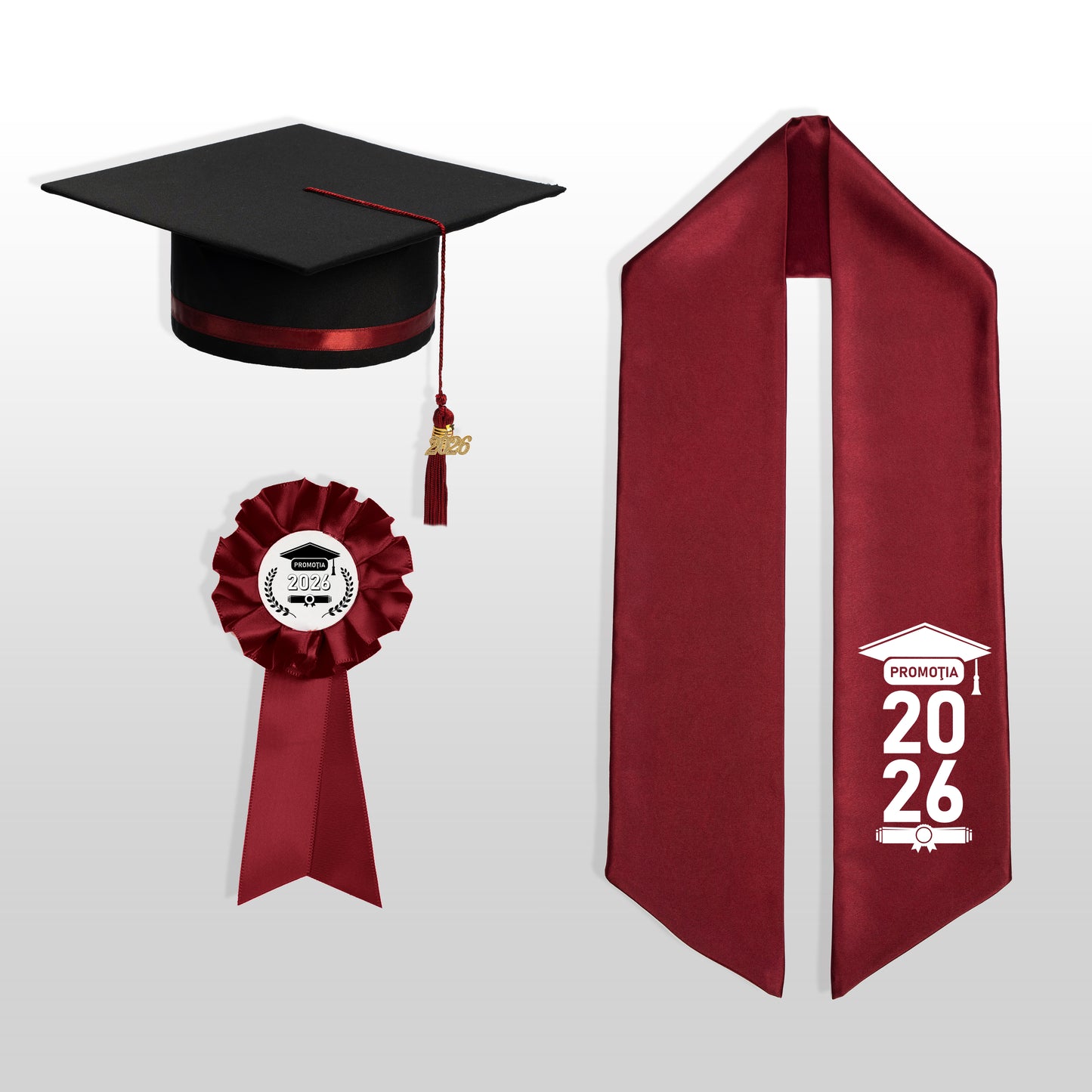 Tocă, eșarfă și cocardă absolvire vișiniu personalizată doar eșarfa