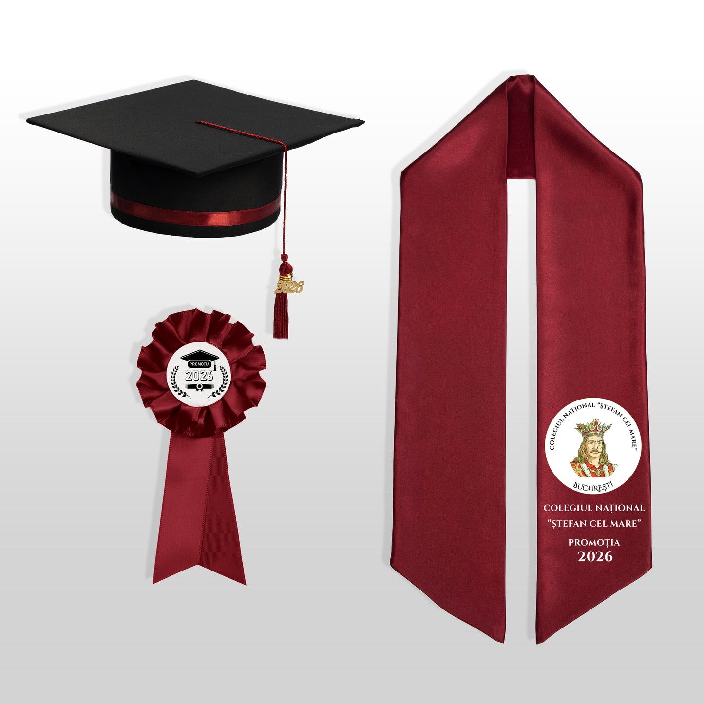 Tocă, eșarfă și cocardă absolvire vișiniu personalizată doar eșarfă