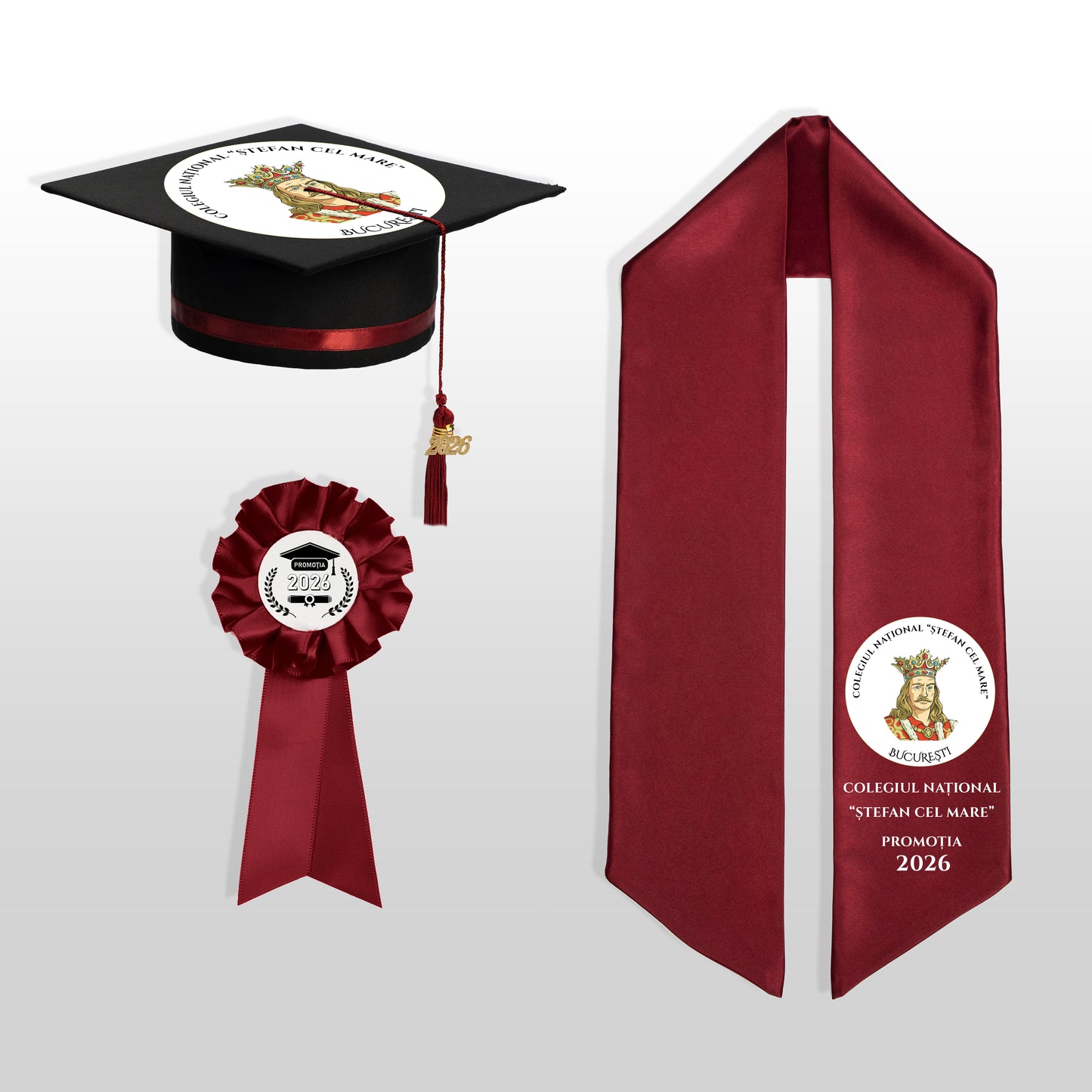 Tocă, eșarfă și cocardă absolvire vișiniu personalizate complet