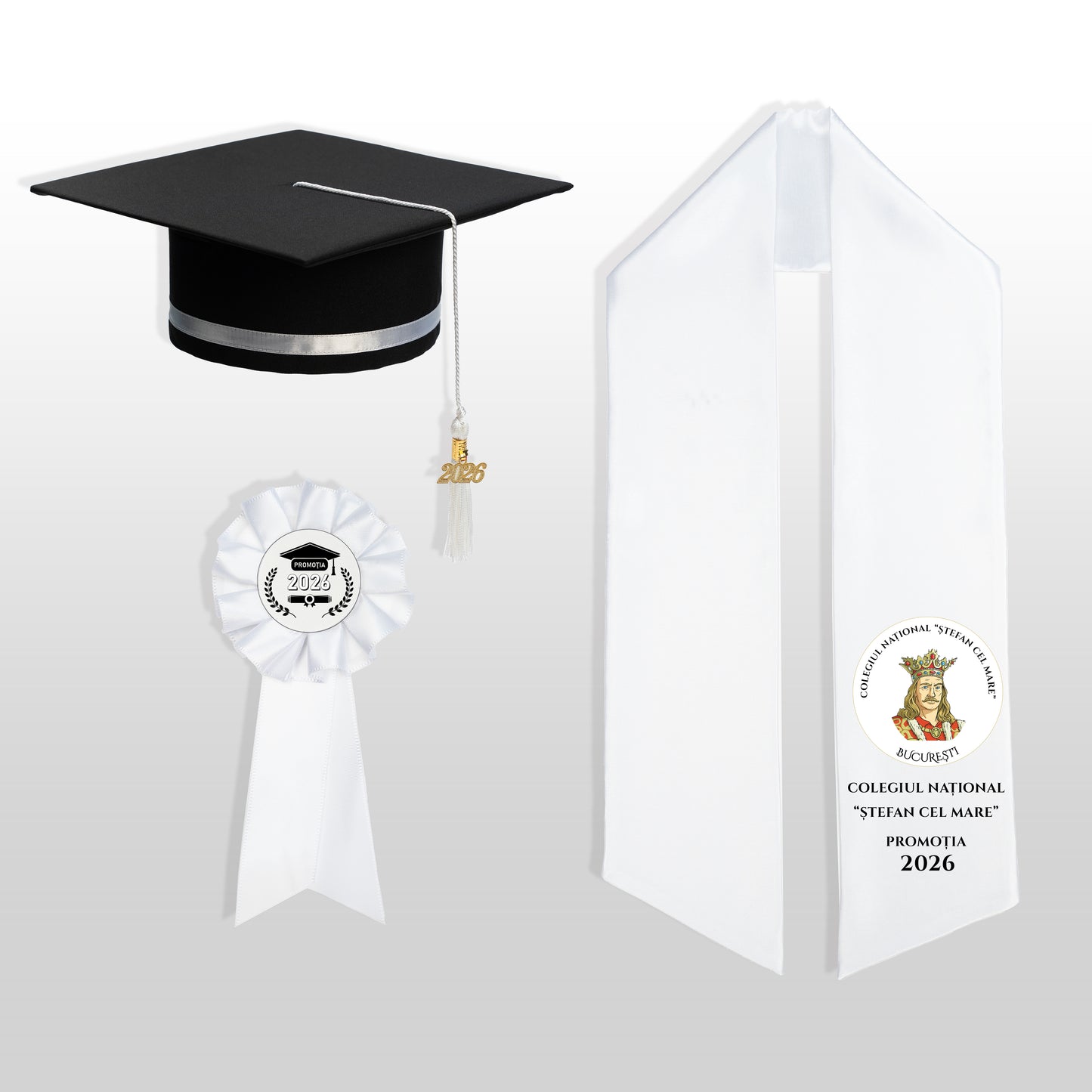 Tocă, eșarfă și cocardă absolvire alb personalizată doar eșarfa