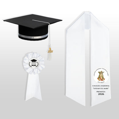 Tocă, eșarfă și cocardă absolvire alb personalizată doar eșarfa