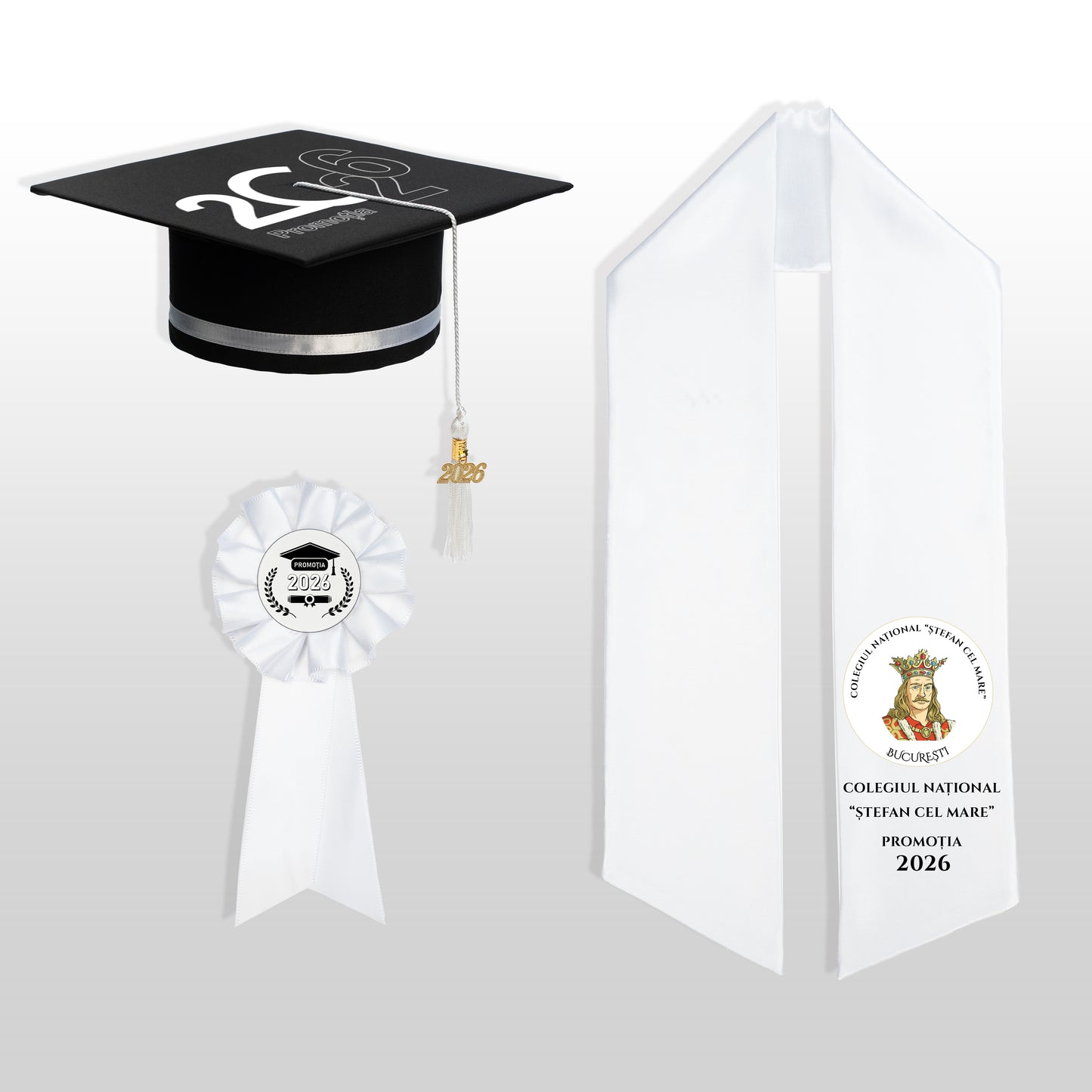 Tocă, eșarfă și cocardă absolvire alb personalizate