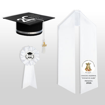 Tocă, eșarfă și cocardă absolvire alb personalizate