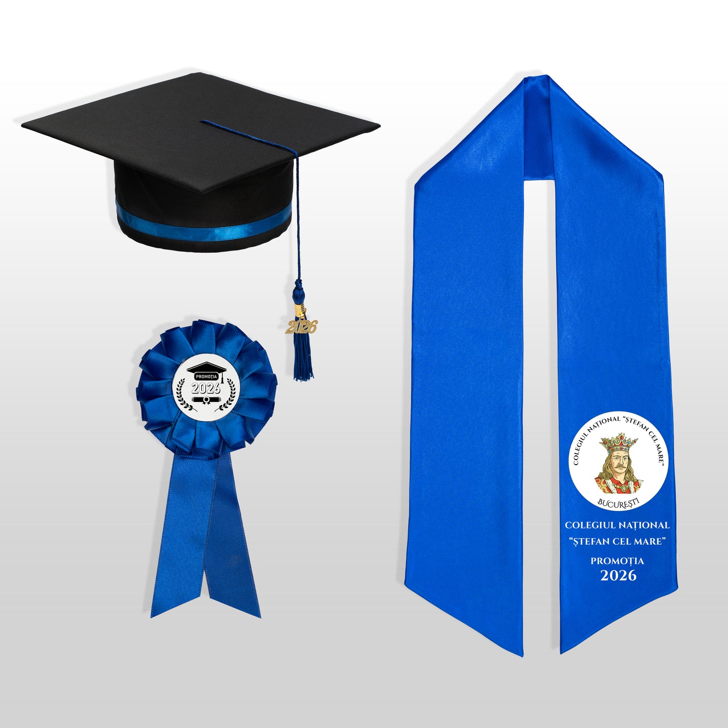 Tocă, eșarfă și cocardă absolvire albastru închis personalizată doar eșarfa
