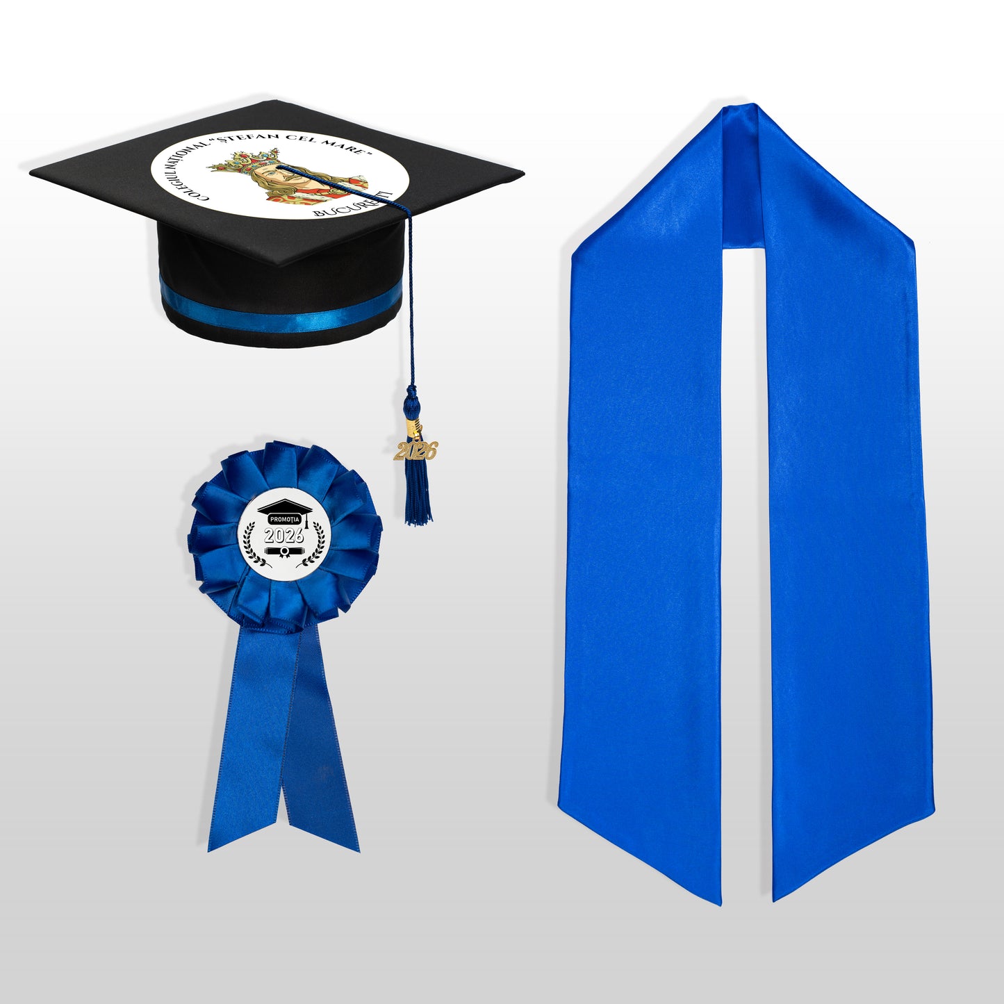 Tocă, eșarfă și cocardă absolvire albastru închis personalizată doar toca
