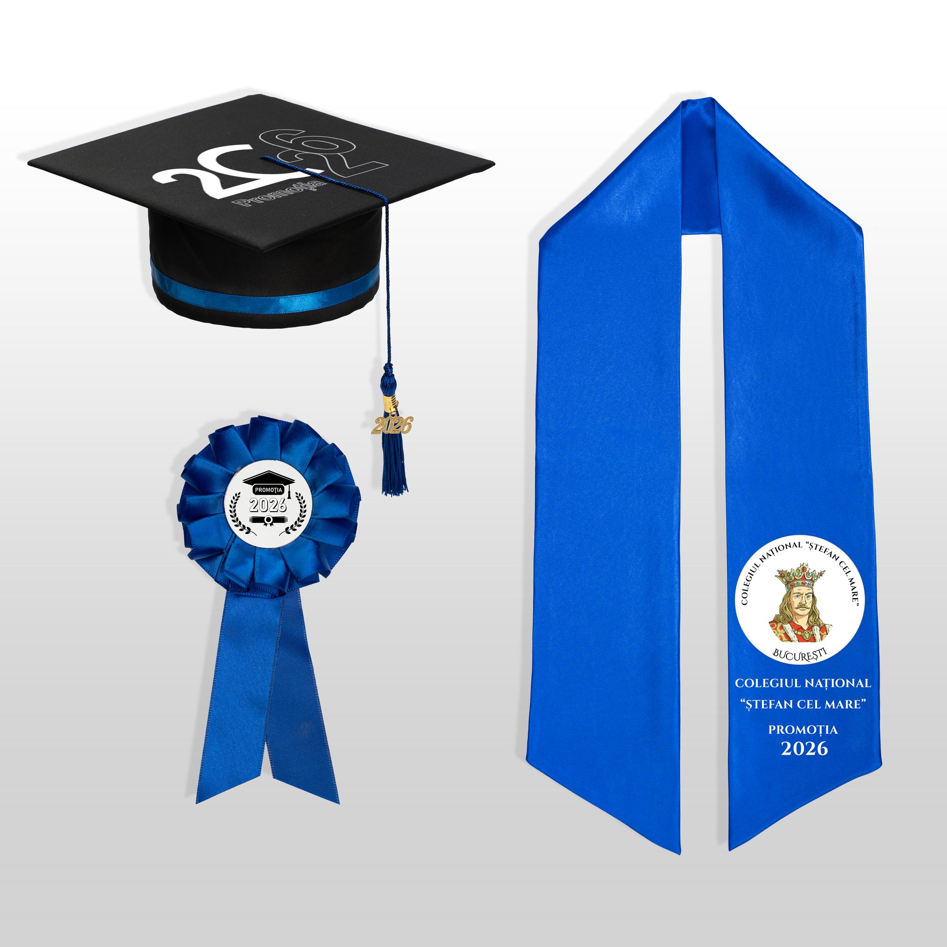 Tocă, eșarfă și cocardă absolvire albastru închis personalizate