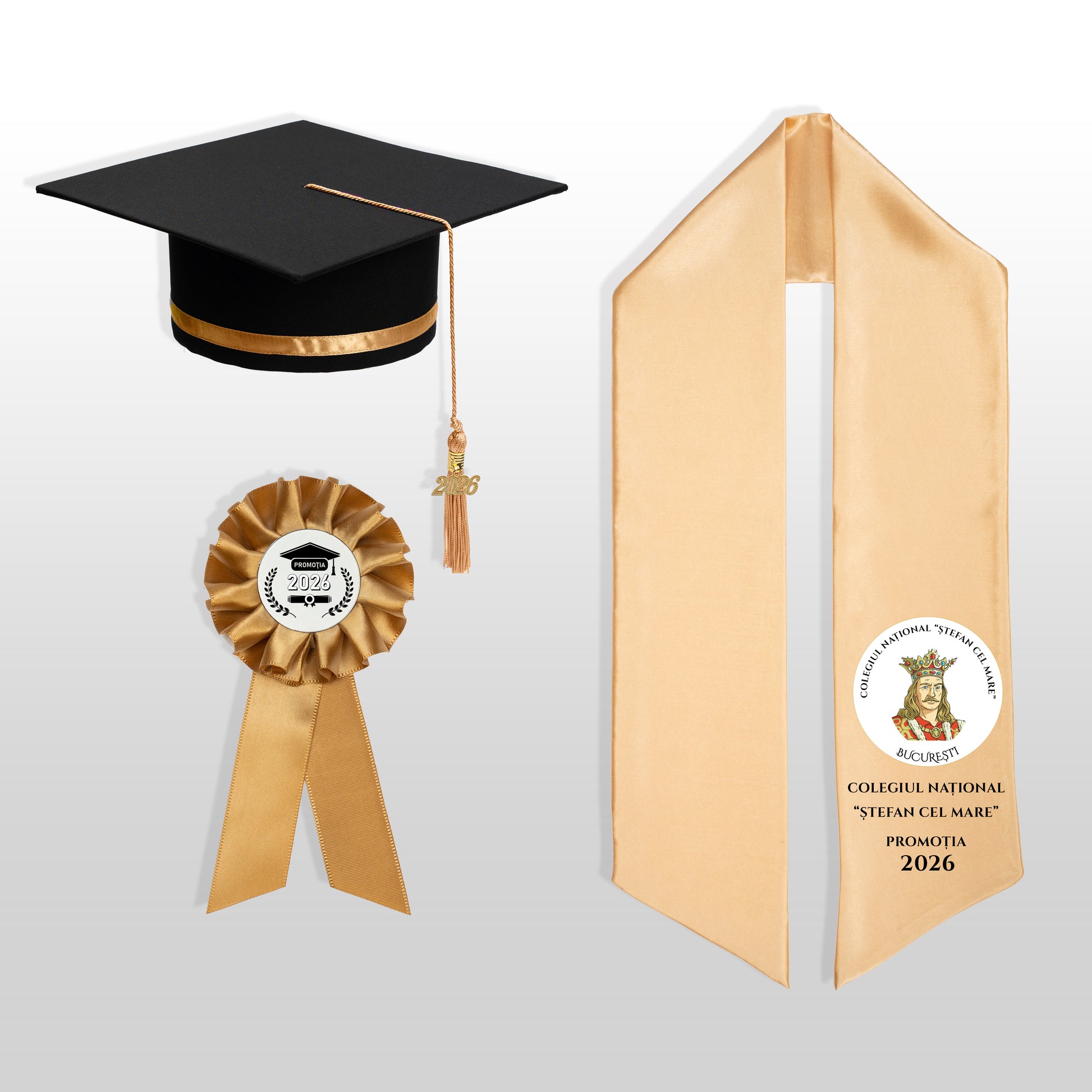 Tocă, eșarfă și cocardă absolvire auriu personalizată doar eșarfa